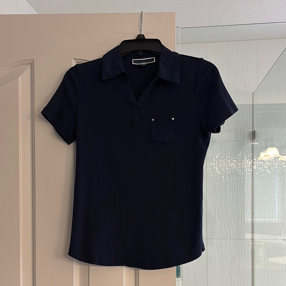 Karen Scott Navy Short Sleeve Collar Tee